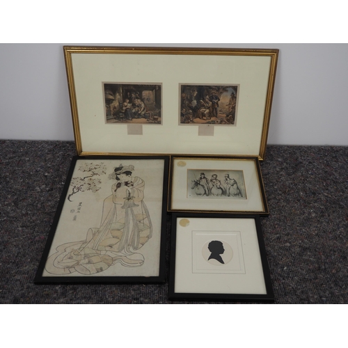 301 - Framed Japanese watercolour, print of horse riders and pair of framed Baxter prints- News from Austr... 