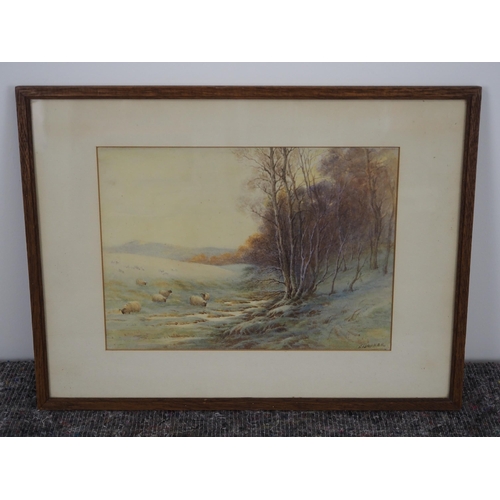 377 - Watercolour painting of sheep signed E Barker 7½