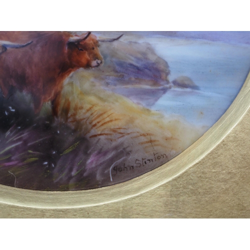 367 - Framed Royal Worcester porcelain plaque of Highland cattle signed John Stinton 4¼