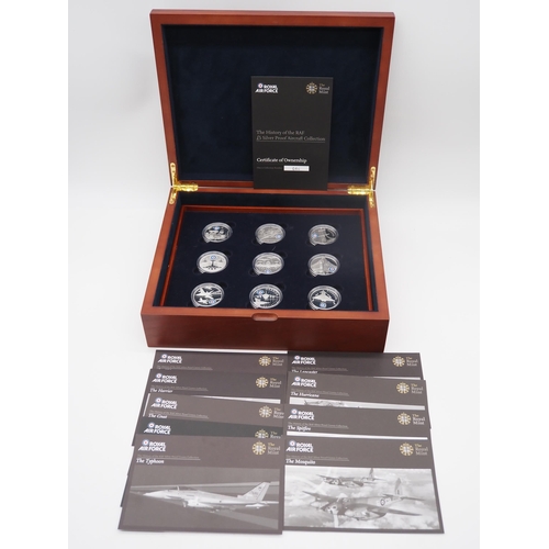 307 - RAF £5 silver proof aircraft coin collection in case complete with certificate of ownership and info... 