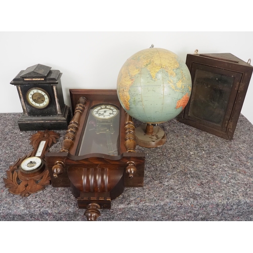 109 - Over mantle clock, wall clock, barometer, globe and small corner cabinet