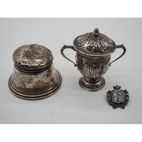 320 - Silver inkwell, badge and lidded pot 3½