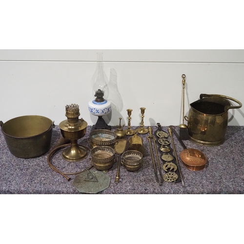 220 - Oil lamps, brass buckets, fire pokers, etc.