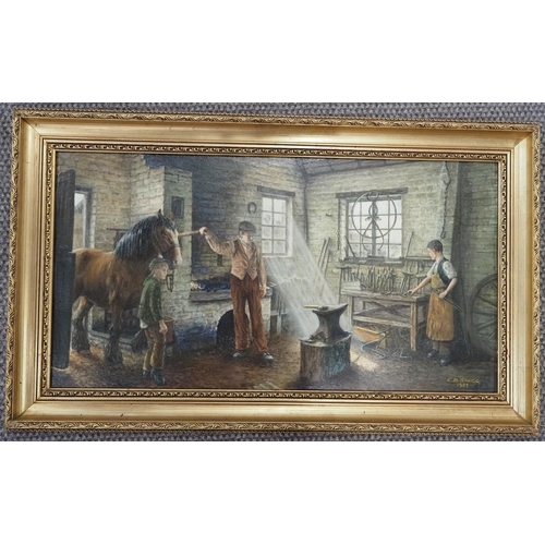 384 - Gilt framed oil on board 'The Smithy' by C B Stagg 1987 15