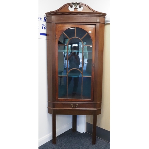 445 - 19th Century mahogany corner cabinet on stand with detailed Greek key style cornice and brass eagle ... 