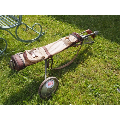953 - Vintage golf clubs on trolley