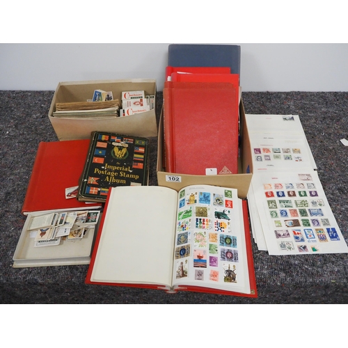 102 - Assorted lose stamps, stamp albums and cigarette cards
