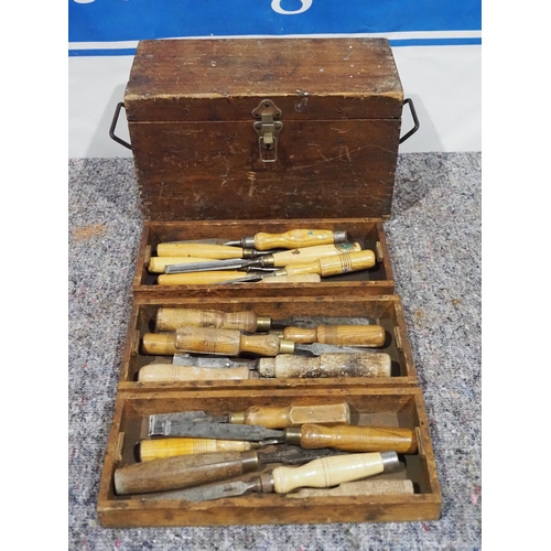 233 - Wooden case and contents of assorted chisels to include Sorby