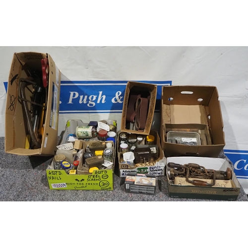 287 - Assorted nails, screws, hand saws, hand drills etc