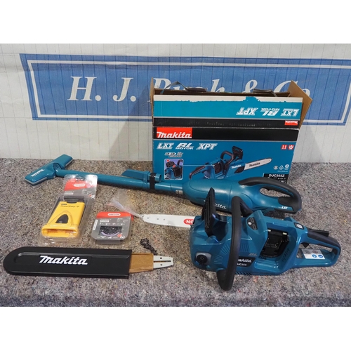 431 - Makita DUC355 18v cordless chainsaw with spare bar and chain, power sharp accessory and Makita cordl... 