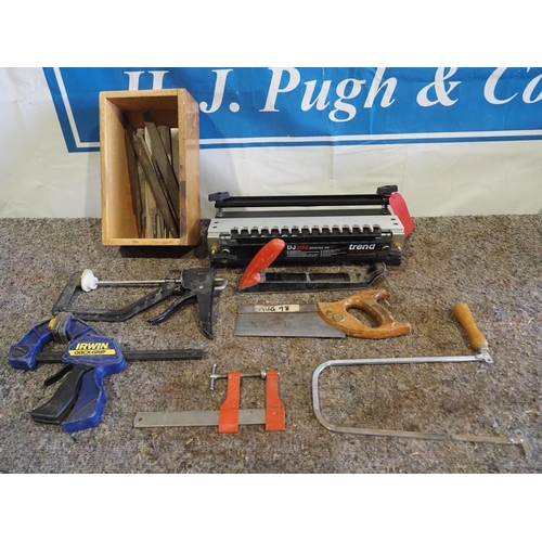 603 - Assorted woodworking tools to include Trend DJ300 dovetail jig, files, etc.