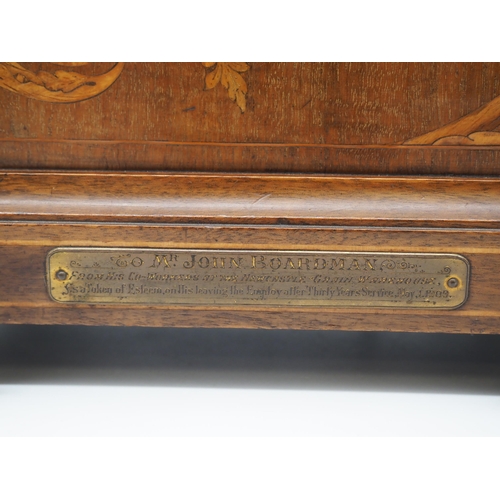 104 - Mahogany cased mantle clock with inlay presented to warehouse worker for 30 years' service 1909