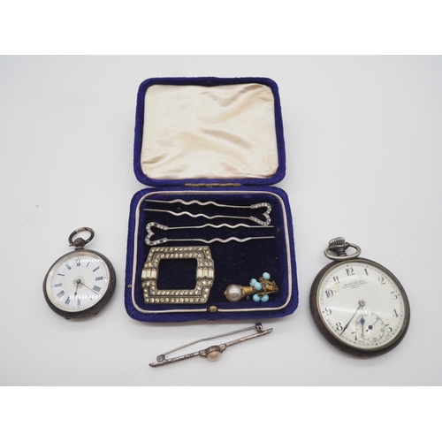 342 - Pins, brooches and 2 pocket watches, one with a silver case