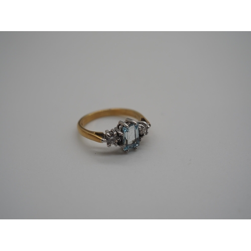 347A - 18ct Yellow and white gold 3 stone ring set with aquamarine and 2 - 10 point diamonds