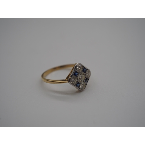 348 - 18ct Yellow and white gold sapphire and diamond fancy dress ring with 5 round diamonds and 4 square ... 