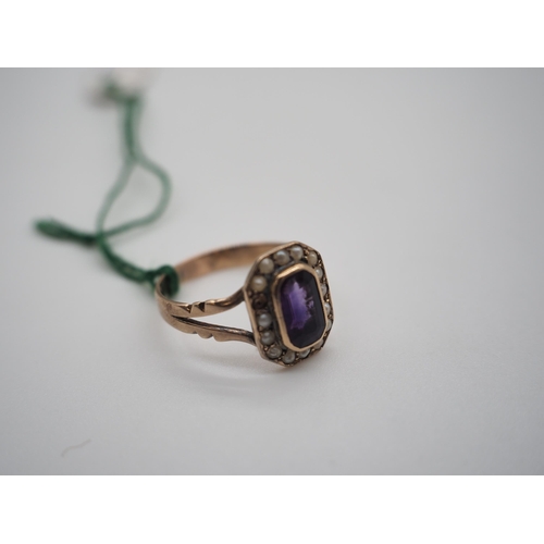 350 - Believed 9ct amethyst and seed pearl dress ring. 2.4g