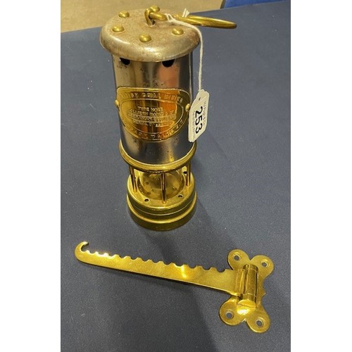 253 - British coal mining lamp and brass swing hook