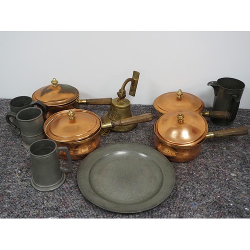 232 - Brass bell,  copper saucepans with lids and pewter items