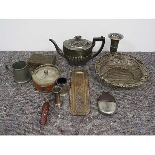 233 - Pewter, brass and silver plated items to include coffee pot, tray, etc.