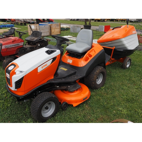 Stihl 6127ZL ride on mower and trailer. C/w mulch plug, rear discharge guard and collection box. Only 103 hours use.  2 Brand new blades, manuals and keys in office