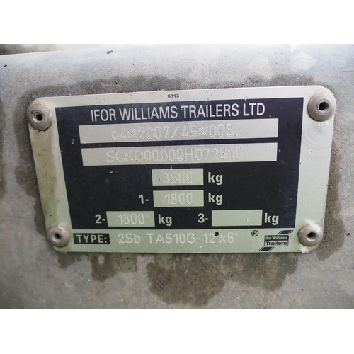 1676 - Ifor Williams TA510G 12ft stock trailer with sheep decks and gates. Serial no. H0728157