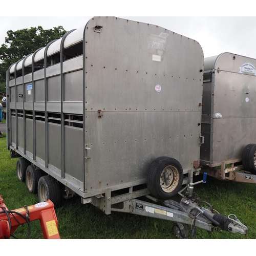 1763 - Ifor Williams 12ft tri axle stock trailer with sheep decks and gates. Serial no. 40428143