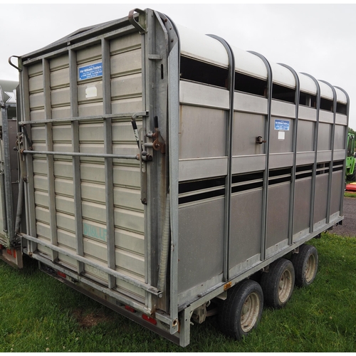 1763 - Ifor Williams 12ft tri axle stock trailer with sheep decks and gates. Serial no. 40428143