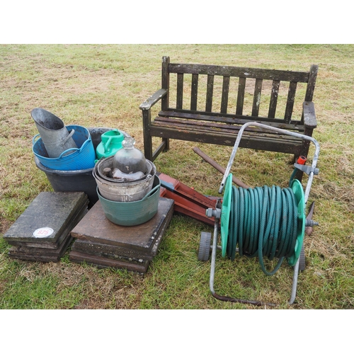 825 - Garden bench, tools and slabs