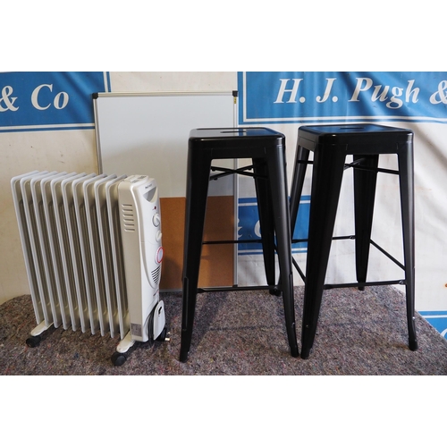3006 - Heater, whiteboard and pair of bar stools