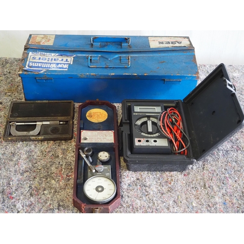 3087 - Electronic multimeter, tool box and assorted gauges