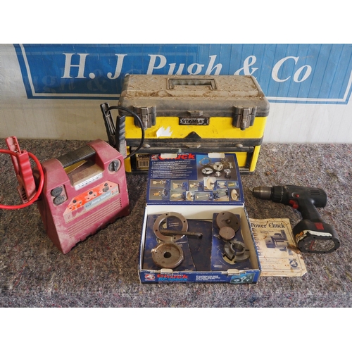 3103 - Stanley tool box, jump starter, Record chuck and cordless drill