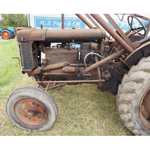 339 - Fordson E27N tractor with loader. Electric start. Reg MPC 712. Old buff logbook in office