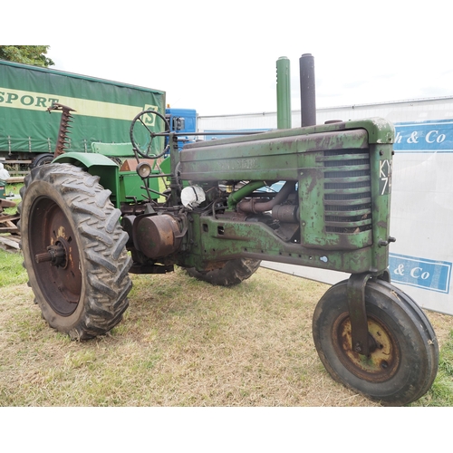 361 - John Deere AN row crop tractor. Petrol tvo, electric start, engine rebuilt, partly restored. Reg KYB... 