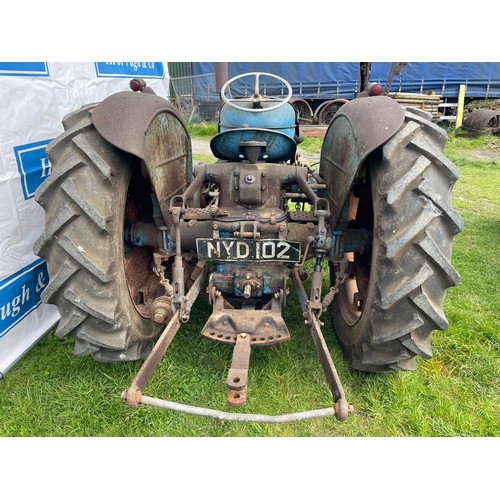 341 - Fordson Major E1A tractor. Petrol tvo, lights, mid mounted mower and rear mounted WILMO slag drill. ... 