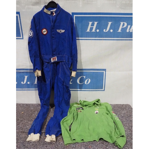 107 - Mens race overalls and long sleeve pop shirt with motoring badges size L