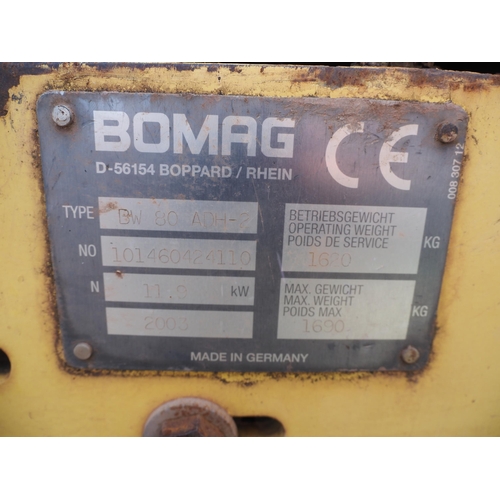 183 - Bomag BW 80ADH-2 vibrating roll. Runs and drives. Showing 334 hours. Year 2003