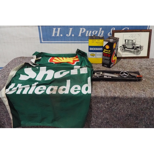 172 - Shell forecourt flag, car badges, 5ltr oil cans etc