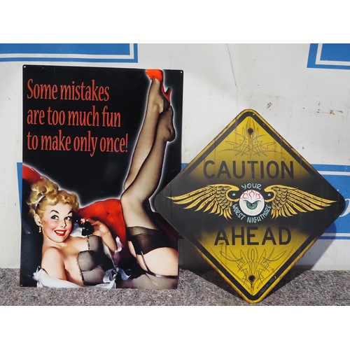 43 - Modern tin signs - Caution and one other