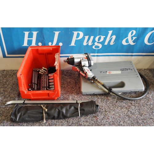 203 - Box of assorted spanners, sockets, tyre levers, air impact drills and impact sockets