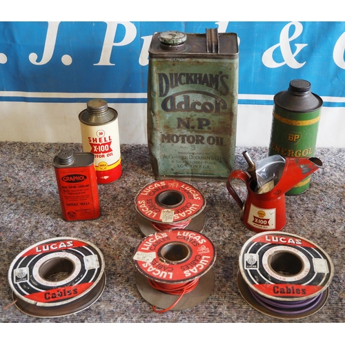 204 - Assorted oil cans to include Duckham's, Shell X100, DP Energol and Lucas cables etc