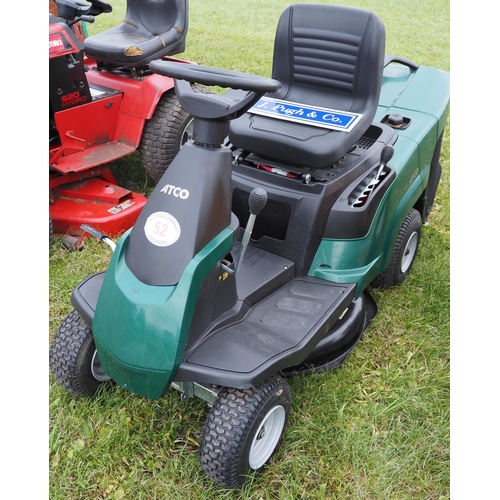 52 - Atco Rider 27M ride on mower. Key in office