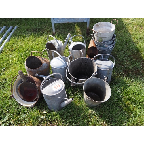 576 - Quantity of galvanised watering cans, buckets, etc.