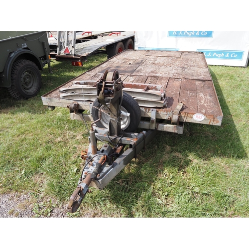 1583 - Flatbed twin axle plant trailer 15ft with drop tail end, ramps, winch and spare wheel