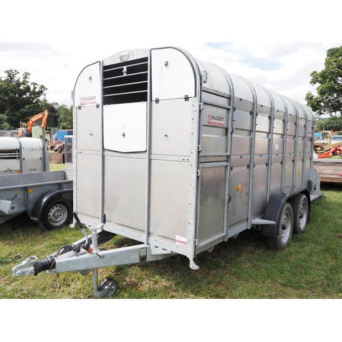 1585 - Nugent 14ft tandem axle livestock trailer with 2 cattle gates. Manual and key in office