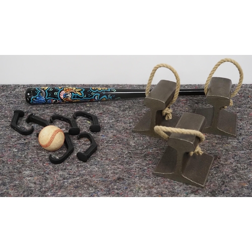 67 - Heavy railway doorstops, railway hooks and baseball bat with ball