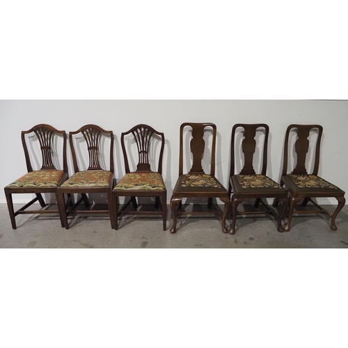 459 - Two sets of three antique dining chairs.