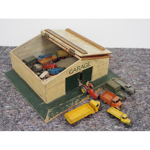 30 - Vintage toy wooden garage and Dinky model vehicles