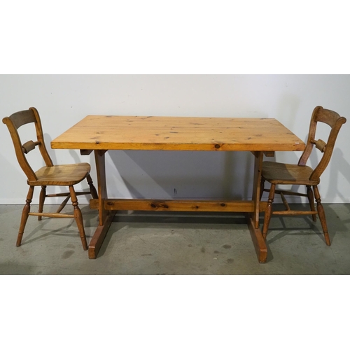 533 - Pine table with stretcher base and pair of elm chairs H29