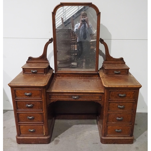 507 - Burr walnut twin pedestal dressing table with adjustable mirror H66