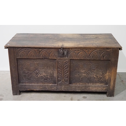 505 - Georgian oak coffer with carved detailing on the panels H25